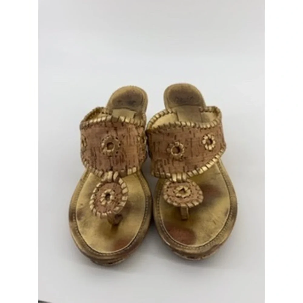 Jack Rogers Cork Wedge Sandals Gold Whipstitch Thong Slides Womens 7M